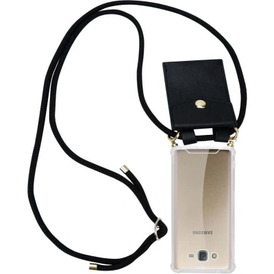 Afbeelding van Cadorabo Hoesje geschikt voor Samsung Galaxy J7 2015 in ZWART Silicone Mobiele telefoon ketting beschermhoes met gouden ringen, koordriem en afneembare etui