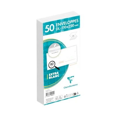 Afbeelding van Clairefontaine 5925C, verpakking met 50 witte enveloppen, DL 110 x 220 mm, voorgekrompen, zelfklevend, 80 g/m²