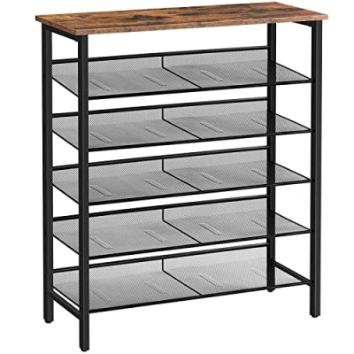 Afbeelding van HOOBRO Schoenenrek, schoenenrek met 6 niveaus, schoenenkast, verstelbaar metalen mesh rek, voor entree, hal, woonkamer, slaapkamer, rustiek bruin en zwart EBF16XJ01