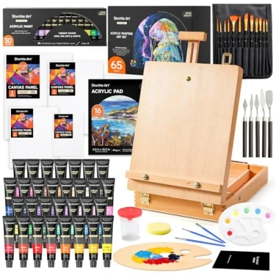 Afbeelding van Shuttle Art 65 stuks acrylverf met houten tafelschildersezel, gemengde kunstset 30 kleuren acrylverf, leeg canvas, penselen, professionele schilderset voor