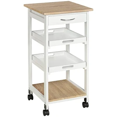 Afbeelding van HOMCOM Serveerwagen met wielen, 2 afneembare dienbladen, lade, MDF plank, licht eiken, grenenhout, wit