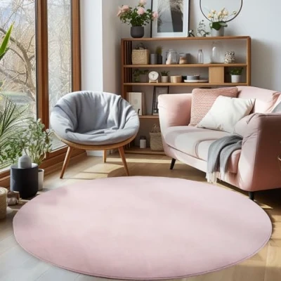 Afbeelding van Modern laagpolig tapijt, pluizig, effen, antislip, wasbaar, zacht, roze, afmetingen: 200 cm, rond