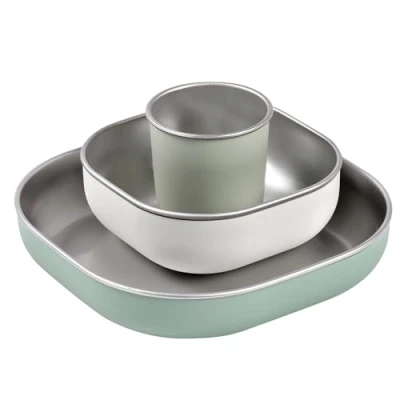 Afbeelding van Béaba Eetset Maaltijdset Bord, Kom &amp; Drinkbeker RVS Zelfstandig Leren Eten Kan in Magnetron, Vaatwasser Oven Onbreekbaar Sage Green