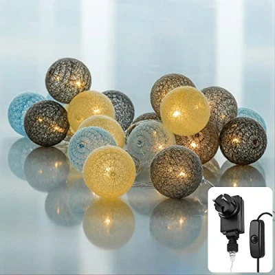 Afbeelding van CozyHome Lichtsnoer met ballen van katoen, bruin, 20 leds en 6 m, warmwit, stopcontact, kleurrijke decoratieve lichtketting voor kinderkamer, bal slaapkamer