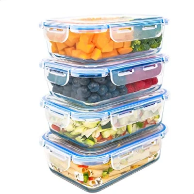 Afbeelding van erpakking van 4 glazen vershouddozen 1000 ml. Luchtdicht. Geschikt voor magnetron, oven, vriezer en vaatwasser.
