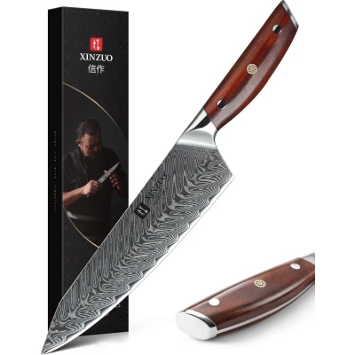 Afbeelding van Damascus Koksmes (67 lagen) Xinzuo B27 Yi Luxe &amp; Professioneel Vlijmscherp staal 34.5 cm Keukenmes met rozenhouten handvat