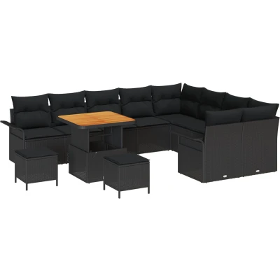 Afbeelding van vidaXL 12 delige Tuin Sofa Set met Kussens Zwart Poly Rattan Acacia