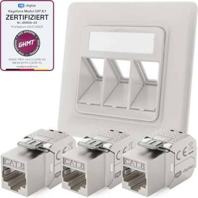 Afbeelding van hb digital CAT 8 inbouwdoos 3 poorten RAL9003 signaalwit + Keystone RJ45 LAN Ethernet inbouwcontactdoos voor 5e 6 6a 7 2000 MHz 40 Gbit/s STP