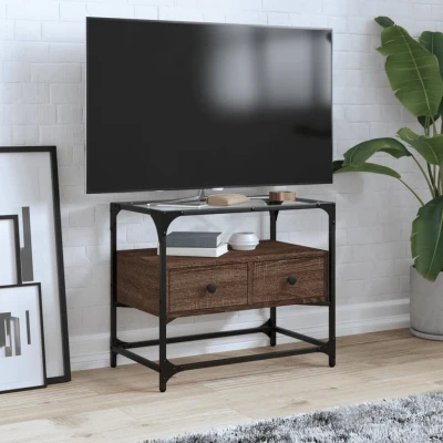 Afbeelding van Tv meubel met glazen blad 60x35x51 cm hout bruin eikenkleurig