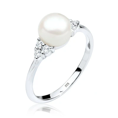 Afbeelding van Elli PREMIUM Dames Ring Klassieke Zoetwater Gekweekte Parel met Cubic Zirconia Kristallen in 925 Sterling Zilver