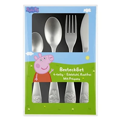 Afbeelding van Peppa Pig 4 delig bestekset met mes, vork, soeplepel en dessertlepel, roestvrijstalen bestek reliëf