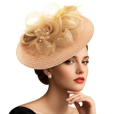 Afbeelding van DRESHOW Fascinator hoed van mesh met parelveer op hoofdband en gevorkte clip, cocktailhoed voor meisjes vrouwen, nobele Kentucky hoed, roze, één maat
