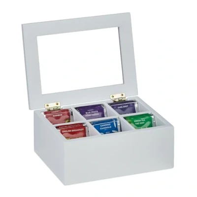 Afbeelding van Relaxdays theedoos bamboe wit opbergdoos thee deksel 6 vakken organizer