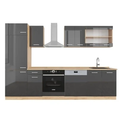 Afbeelding van Vicco keuken &quot;R Line&quot;, Glanzend antraciet/gouden eik, 300 cm zonder werkblad