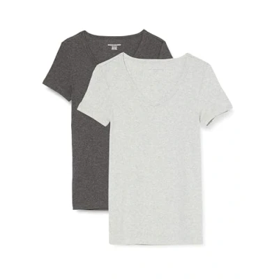 Image de Amazon Essentials T Shirt Col en v à Manches Courtes Coupe Ajustée Women&#039;s, Pack of 2, Charbon Chiné/Gris Clair Chiné, XXL