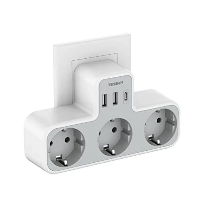 Afbeelding van TESSAN Ladron USB Plug C, Multi met 2 en C poorten, Thief Tablet Wandcontactdoos voor Kantoor, Keuken, Compatibele Telefoon, Wall in Wit Grijs