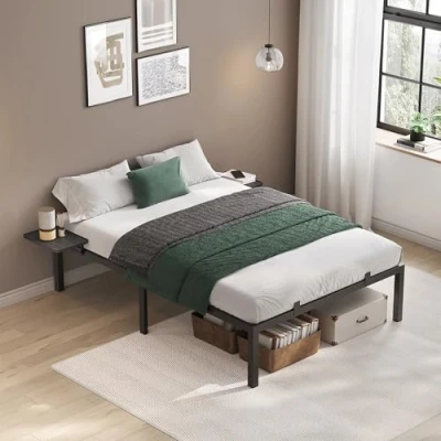 Afbeelding van VASAGLE tweepersoonsbed, metalen bedframe met opbergplanken, tienerbed, geschikt voor matrassen 140 x 200 cm, eenvoudige montage, klassiek zwart RMB094B01