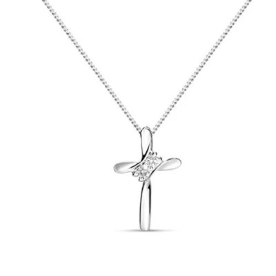 Afbeelding van MIORE Dameshalsketting in kruisdesign, 9 karaat (375) geelgoud, met 2 echte diamanten, lengte 45 cm, duurzaam, handgemaakt sieraad voor dames, witgoud, Wit Goud, Diamant