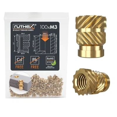 Afbeelding van ruthex Schroefdraadinzet M3 100 stuks RX x 5,7 schroefdraadhulzen messing stabiele drukmoer voor kunststof onderdelen inzetbaar door hitte of ultrasoon geluid in 3D printonderdelen,
