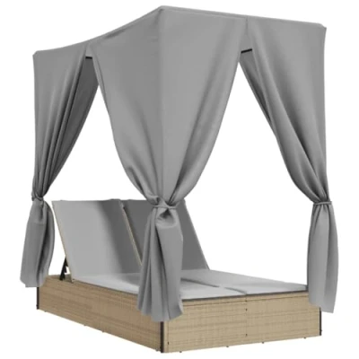 Afbeelding van Ligbed tweepersoons met dak en gordijn poly rattan beige