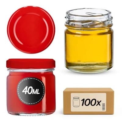 Afbeelding van KADAX Weck Set van 100 mini weckpotten, rond, met schroefdeksel, 40 ml, voor proeverijen, jam, honing, rood deksel