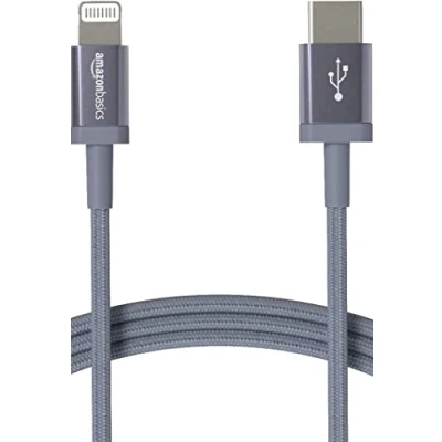 Afbeelding van Amazon Basics USB C naar Lightning kabel van gevlochten nylon voor iPhone 13/12/11/X/XS/XR/8 (donkergrijs, 1,8 m)