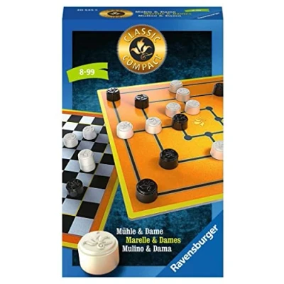 Afbeelding van Ravensburger 20545 Classic Compact: Mühle &amp; Dame, verzamelspel voor 2 spelers, vanaf 8 jaar, compact formaat, reisspel, klassieker
