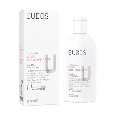 Afbeelding van Eubos 5% UREA reinigingslotion 200 ml voor droge huid dermatologisch geteste huidverdraagzaamheid verbetering van het vochtvermogen de speciale verzorgende crème