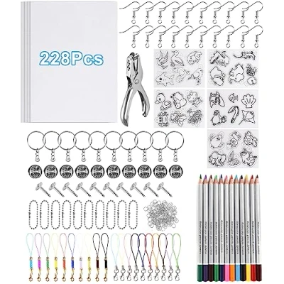 Afbeelding van Birshe Kunststof bladset, 228 delig, kunststof, magische set, intrekbaar, intrekbare folie, inclusief perforator, sleutelhanger, oorhaken en broches