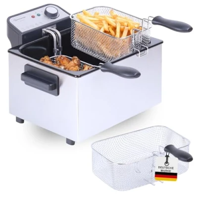Afbeelding van Sommertal XXL dubbele friteuse met olie of vet 3 korven, 5 liter, 3000 watt, koude zone, DF3270 echte roestvrijstalen voor knapperige frietjes