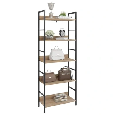 Afbeelding van WOLTU RGB9303she Metalen plank 5 Tier 60x27,5x160cm,opbergplank keuken boekenkast Stijl Industriële,Zwart+Lichteiken