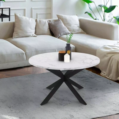 Image de Table basse ronde ALASKA 70 cm plateau effet marbre blanc et pied araignée métal noir