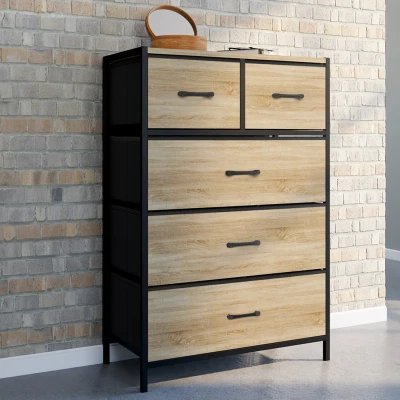 Image de Chiffonnier 5 tiroirs en tissu UTAH commode semainier design industriel