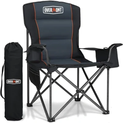 Afbeelding van OVERMONT Extra grote opvouwbare campingstoel. Maximale belasting: 204 kg, gevoerde klapstoel met bekerhouder, koeltas, hoge rugleuning, voor tuin, balkon, strand, vissen.