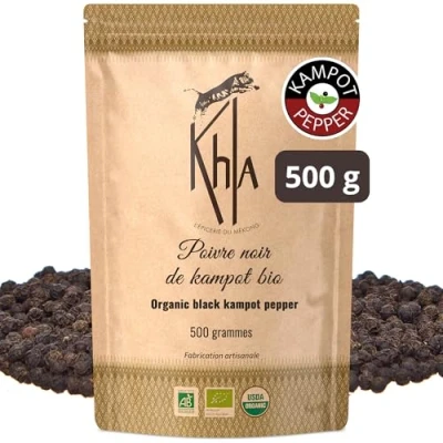 Afbeelding van Khla Kampot biologische zwarte peper 500g volledig rechtstreeks van de producent hele korrels voor molen oorsprong Cambodja