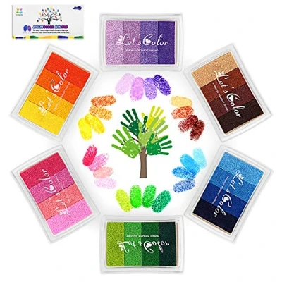 Afbeelding van Funxim Set van 24 kleuren, stempelkussen, vingerafdruk, niet giftig, afwasbaar, stempelkussen voor papier, handwerk, stof, schilderen, doe het zelf, verjaardagscadeau (6 stuks)