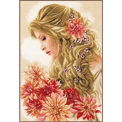 Afbeelding van Borduurpakket Dame met de Dahlia&#039;s Lanarte