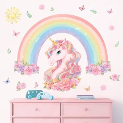 Afbeelding van DECOWALL SG2 2413 Muursticker voor kinderkamer Grote Regenboog en Eenhoorn Roze Babykamer Slaapkamer Kleurrijke Decoraties Dieren Speelkamer