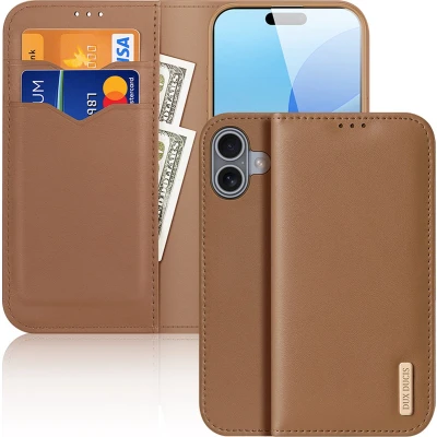 Afbeelding van Dux Ducis Hivo Hoesje Geschikt voor Apple iPhone 16 RFID Book Case Ruimte Pasjes en Briefgeld Standaard Bruin