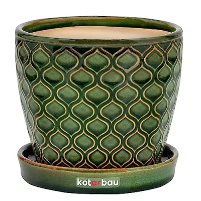 Afbeelding van KOTARBAU® bloempot keramische 15 cm vintage groen met afdruipbak visschubben