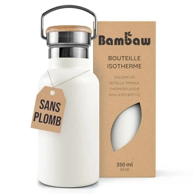 Afbeelding van Bambaw® 350ml RVS Thermosfles Dubbelwandig, Milieuvriendelijk, Lekvrijen, loodvrij en Plasticvrij Geïsoleerde Fles met Bamboe Deksel voor Warme Koude Dranken Ideaal Reizen, Werk, Yoga, Wandelen Dagelijks Gebruik wit