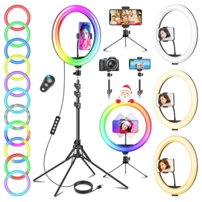 Afbeelding van 12 inch Selfie Ring Licht met 59 Uitschuifbare Statief &amp; Telefoon Houder voor Live Stream Make up, Opgewaardeerd Dimbare LED Desktop Circle Lamp 20 RGB Modi 13 Helderheid, Draadloze Afstandsbediening iPhone Android