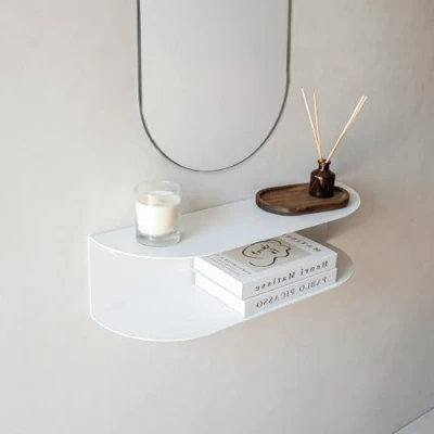Afbeelding van MILUKA Coiffeuse de maquillage flottante 60 cm blanche, avec 2 niveaux Idéale comme entrée Étagère murale ou table chevet Modèle Ovva