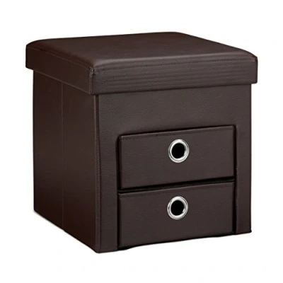 Afbeelding van relaxdays opvouwbare zitkist met 2 lades, poef, krukje, kunstleer, hocker, kruk