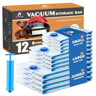 Afbeelding van CaptainFive 12 stuks vacuümzakken voor kleding, stofzuiger, 4 x XL, L, M, 1 pomp, herbruikbare vacuümhoezen dekbedden, beddengoed