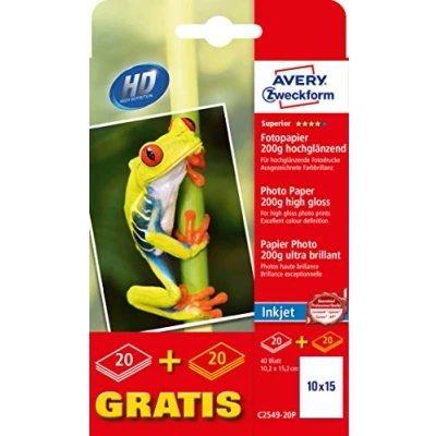 Afbeelding van Avery Zweckform C2549 20P Fotopapier 10 x 15 cm 200 g/m² 50 vellen Glanzend