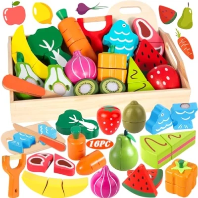 Afbeelding van Vautvis Fruit en groentespellen voor kinderen, 16 keukenaccessoires hout, speelgoed van dinette met opbergmand, cadeau