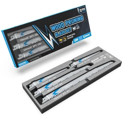 Afbeelding van EZARC Reciprozaagbladen voor hout, 12 stuks, reciprozaagbladen, accessoires het snijden van bomen, zagen hout/nat met opbergdoos, duurzaam en scherp, 150 mm, 225 300 mm