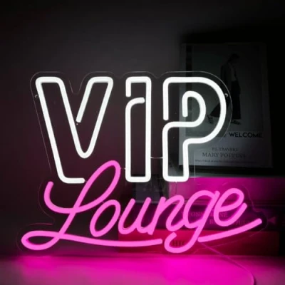 Afbeelding van VIP Lounge neonbord voor wanddecoratie, roze en wit, neonletters met USB voeding, hotel, club, café, bar, kantoor, winkelcentrum, speelkamer