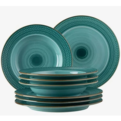 Afbeelding van mäser Serie Prospero Premium tafelservies voor 4 personen in gastronomische kwaliteit, set van 8 moderne borden unieke vintage stijl, blauw, duurzaam porselein